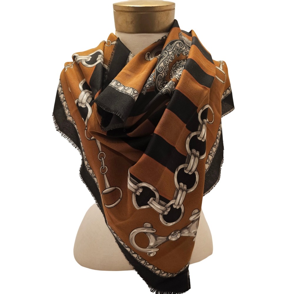 Elaine Gold Italy Equestrian Square Scarf Orange Black Chain Horse Bit 35x35